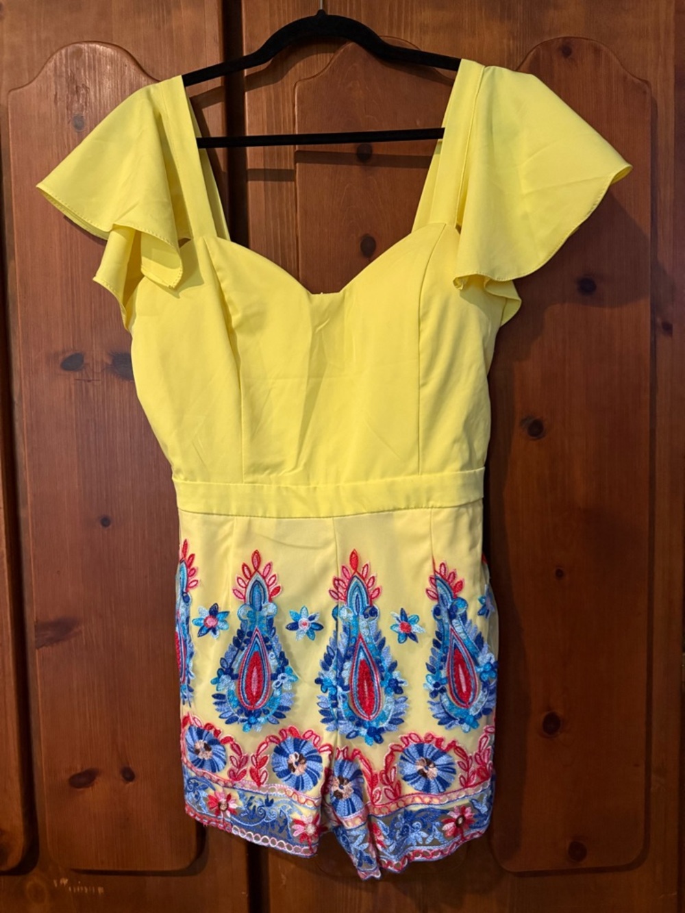 Yellow Embroidered Flutter-Sleeve Romper